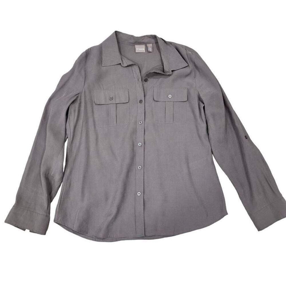 Chico's Shirt Top Women's Grey Size 1 / Medium Long Sleeve Button Down Double Po